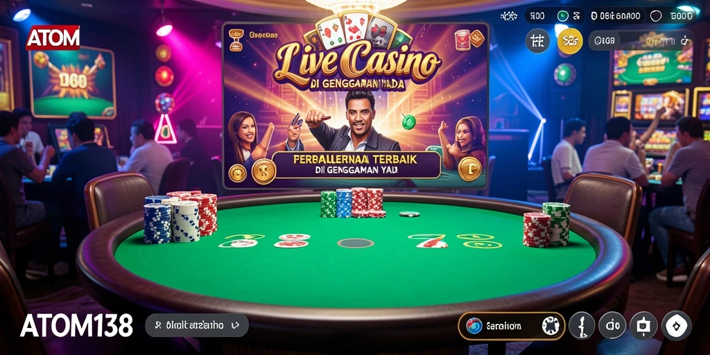Screenshot gameplay ATOM138 menampilkan dealer yang siap melayani pemain dengan antusias.