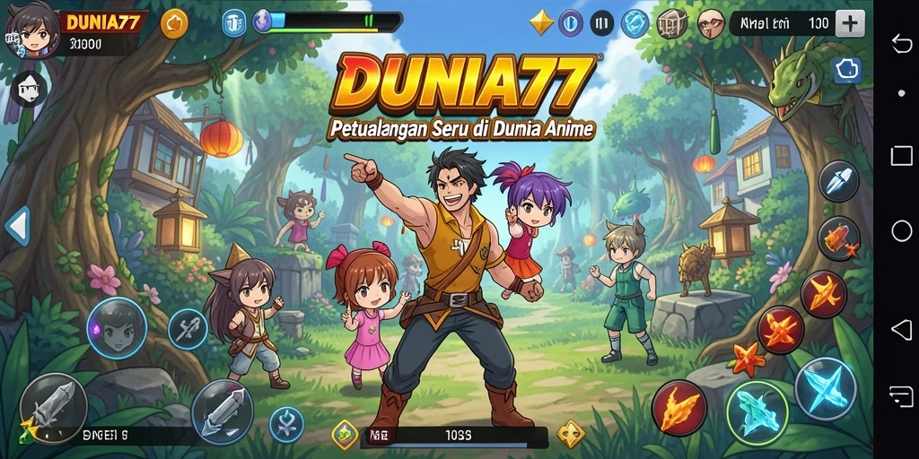Tampilan gameplay DUNIA77 yang penuh warna dan dinamis.