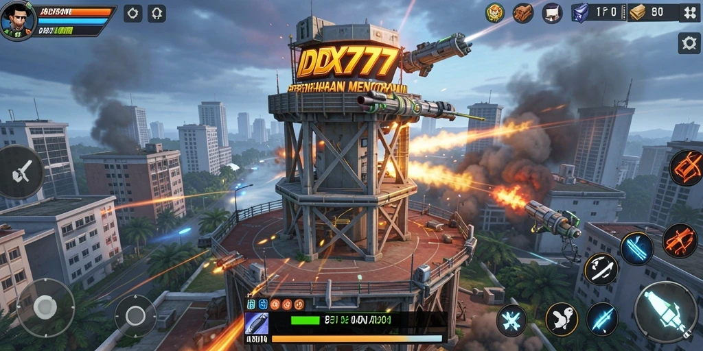 Tampilan gameplay intens dalam IDX777 menara perlindungan.