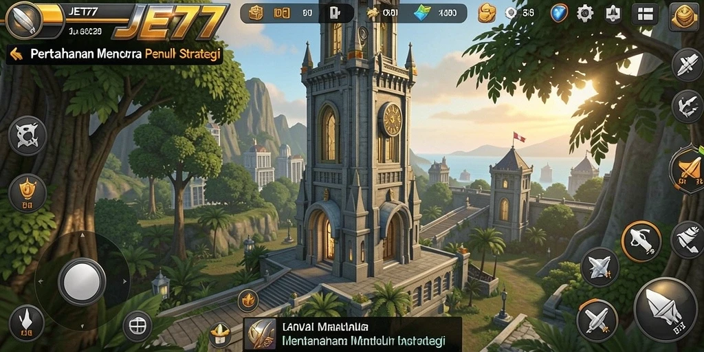 Screenshot gameplay JET77 menampilkan aksi menara pertahanan yang intens.