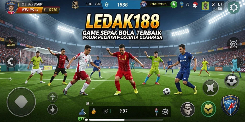 Tampilan utama gameplay LEDAK188 yang menampilkan aksi sepak bola yang intens.