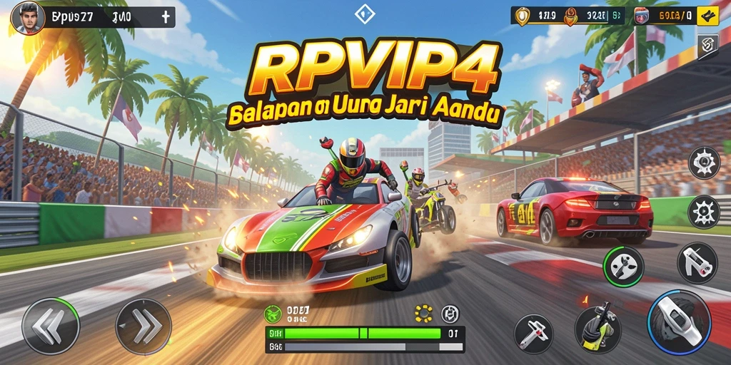 Tangkapan layar gameplay RPVIP4 dengan mobil balap di lintasan yang menegangkan.