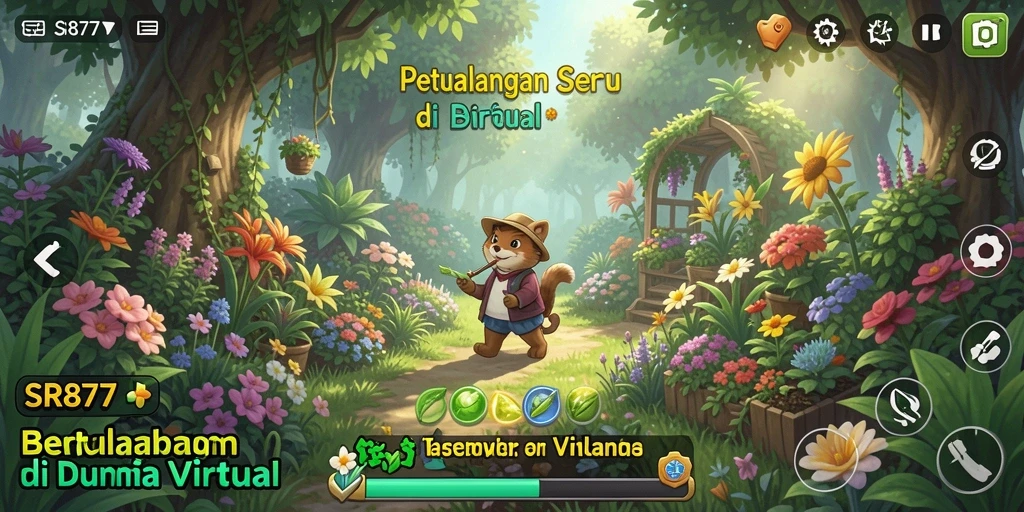 Tampilan gameplay <strong>SR877</strong> yang menampilkan kebun indah dan aktivitas berkebun.
